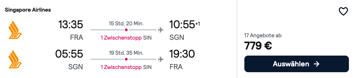 Flugübersicht Frankfurt–Ho-Chi-Minh-Stadt mit Singapore Airlines via Singapur für 779 Euro hin und zurück.