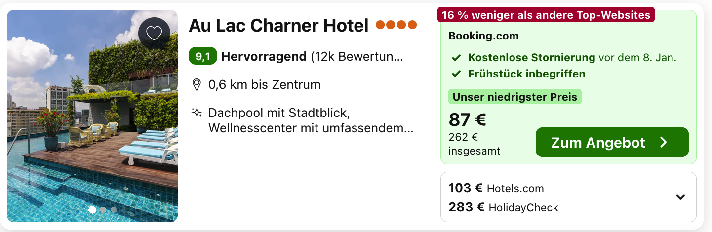 Au Lac Charner Hotel mit Dachpool: 262 Euro insgesamt über Booking.com bei Trivago, Frühstück inklusive.