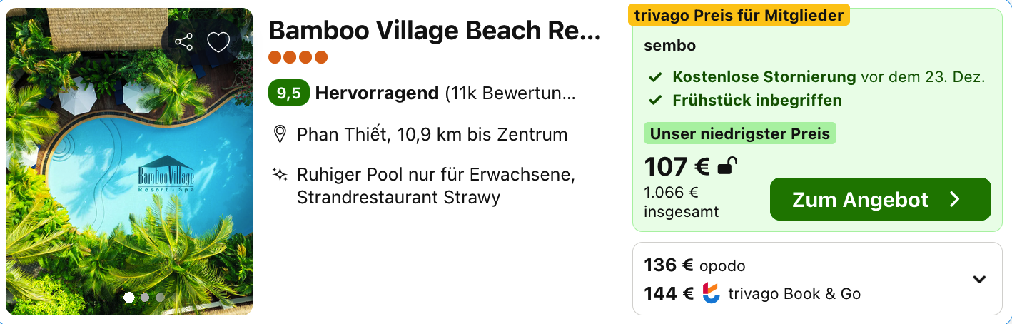 Bamboo Village Beach Resort & Spa: Sembo-Mitgliederangebot über Trivago für 1.066 Euro insgesamt, Frühstück inklusive.