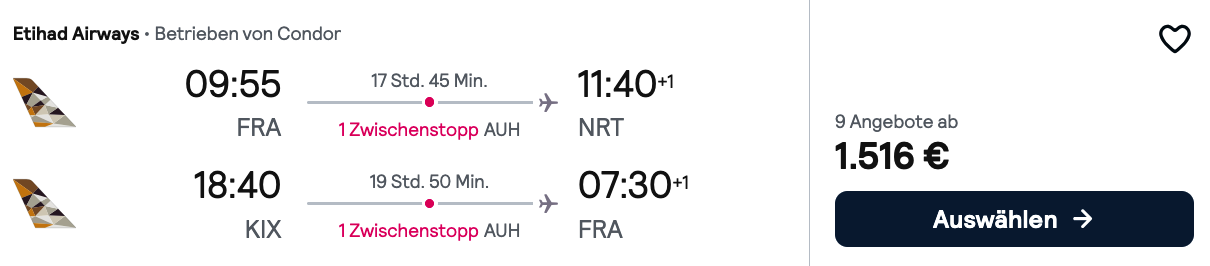 Gabelflug Frankfurt–Tokio Narita und Osaka–Frankfurt über Abu Dhabi für 1.516 Euro pro Person.