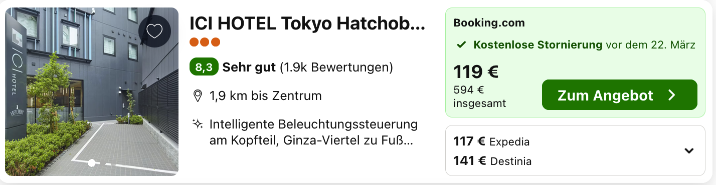 ICI HOTEL Tokyo Hatchobori: Booking.com-Angebot für insgesamt 594 Euro, kostenlose Stornierung vor dem 22. März.