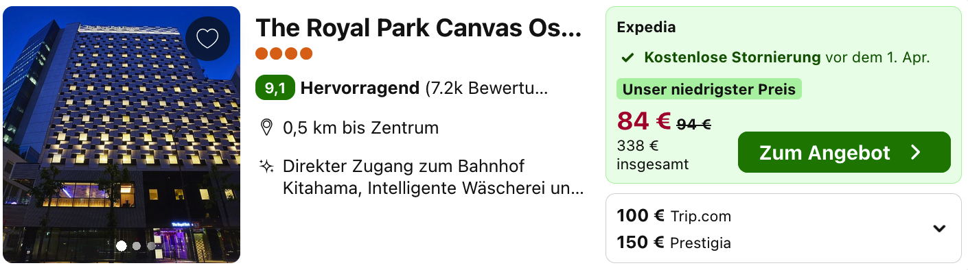The Royal Park Canvas Osaka Kitahama: Expedia-Angebot für insgesamt 338 Euro mit kostenloser Stornierung vor dem 1. April.