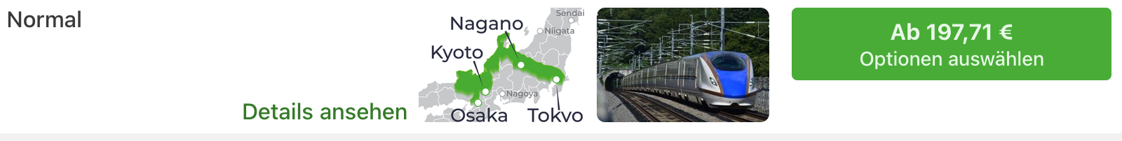 Hokuriku Arch Pass, Klasse Normal: Preisübersicht mit Streckenkarte und Zug.