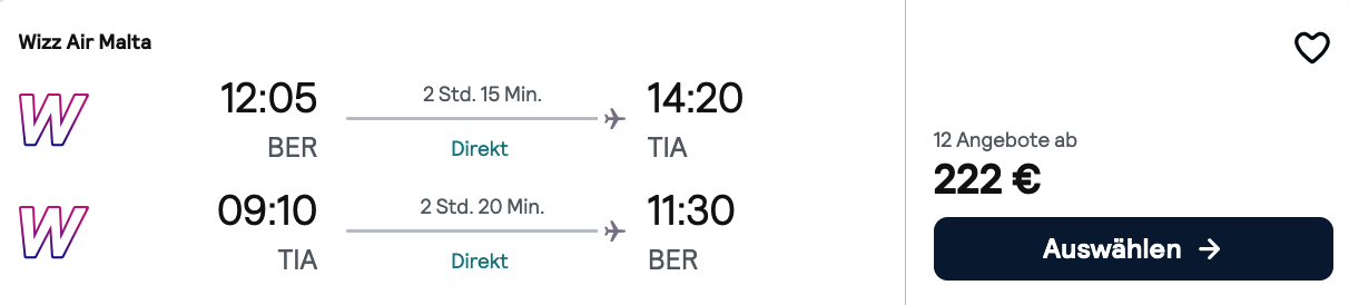 Wizz Air Malta Berlin–Tirana und zurück für 222 Euro pro Person ohne Aufgabegepäck