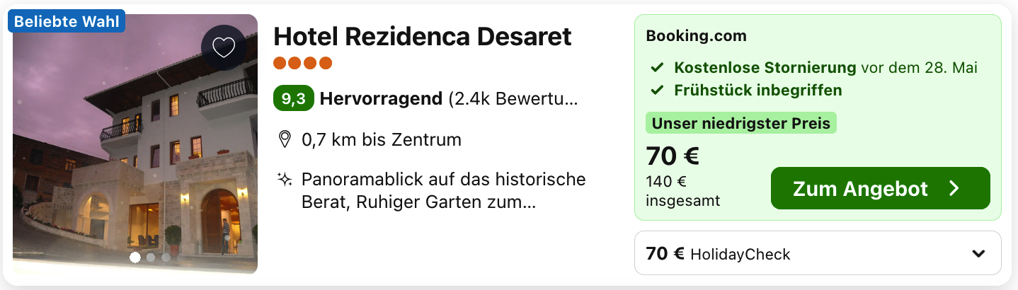Hotel Rezidenca Desaret in Berat: 140 Euro insgesamt, Frühstück inklusive und kostenlose Stornierung vor dem 28. Mai