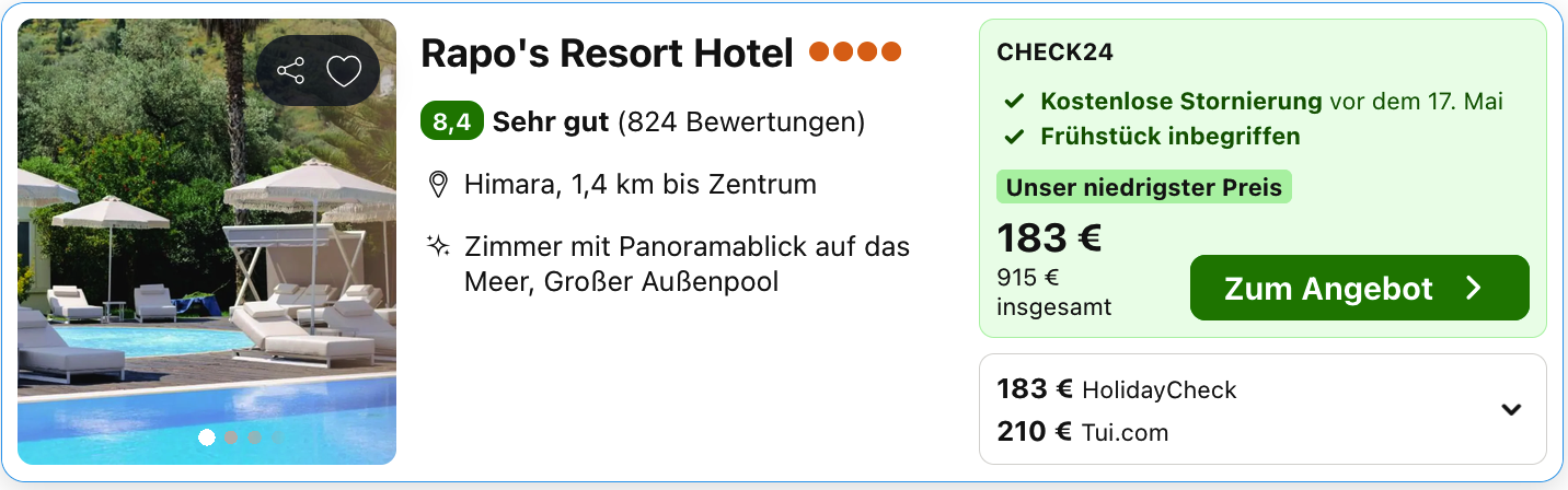Rapo’s Resort Hotel in Himarë: fünf Nächte für 915 Euro insgesamt, Frühstück inklusive, kostenlose Stornierung vor dem 17. Mai