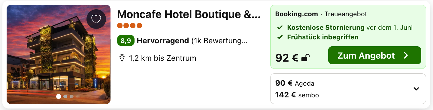 Moncafe Hotel Boutique & Spa Tirana: 92 Euro inklusive Frühstück, kostenlose Stornierung vor dem 1. Juni, Booking.com Treueangebot