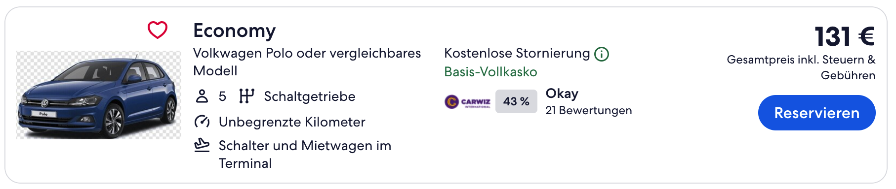Carwiz Economy, VW Polo oder vergleichbar, Schaltgetriebe, unbegrenzte Kilometer, Basis-Vollkasko und kostenlose Stornierung: 131 Euro Gesamtpreis