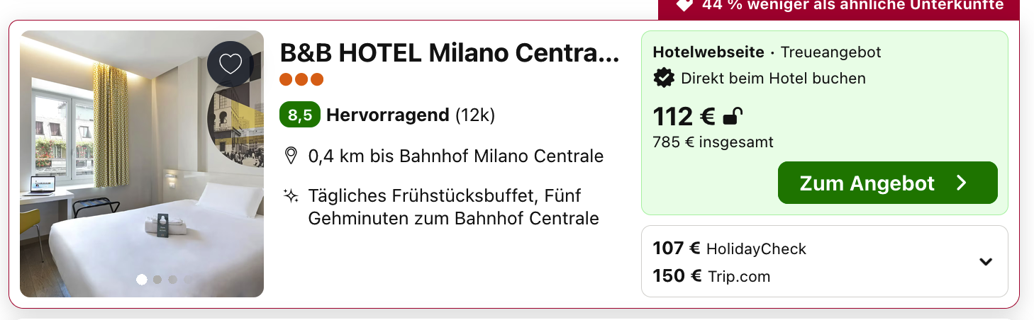 Hotelscreenshot: Hotelwebseite Treueangebot 785 Euro insgesamt, 112 Euro je Nacht gerundet