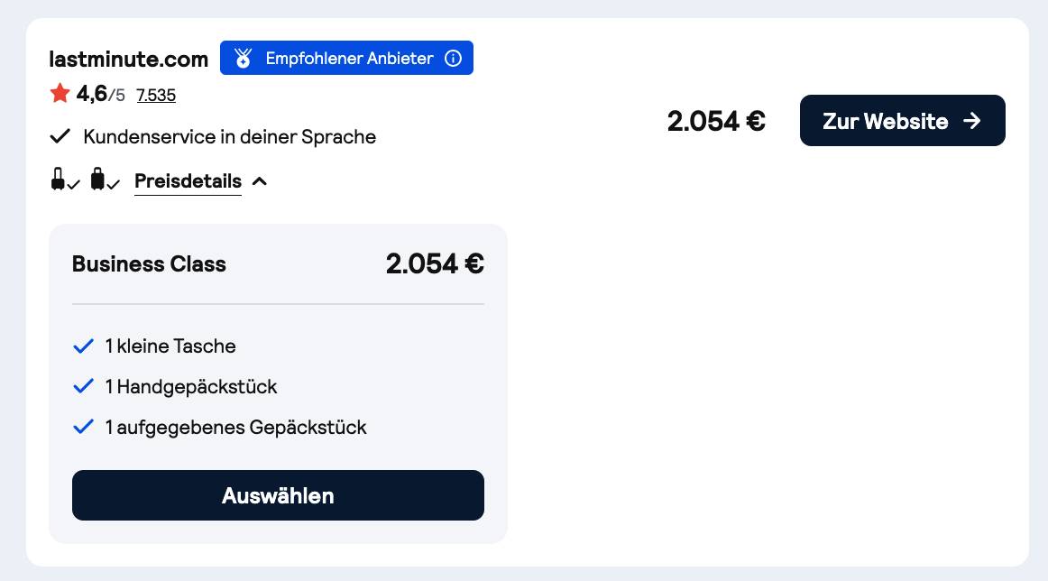 lastminute.com Preisbeleg: Gulf Air Business Class 2.054 Euro mit Handgepäck und einem aufgegebenen Gepäckstück