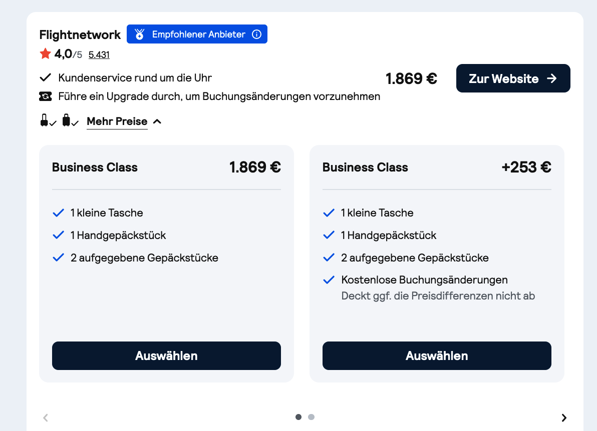 Flightnetwork Preisbeleg: Air India Business Class 1.869 Euro mit Handgepäck und zwei aufgegebenen Gepäckstücken