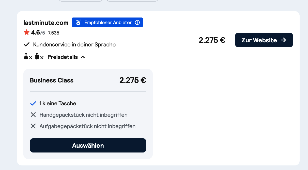 lastminute.com Preisbeleg: Finnair Business Class 2.275 Euro, nur kleine Tasche, Handgepäck und Aufgabegepäck nicht inklusive