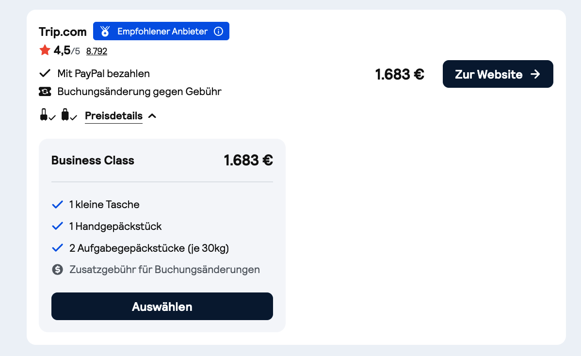 Trip.com Preisbeleg: Royal Jordanian Business Class 1.683 Euro, Handgepäck und zweimal 30 kg Aufgabegepäck