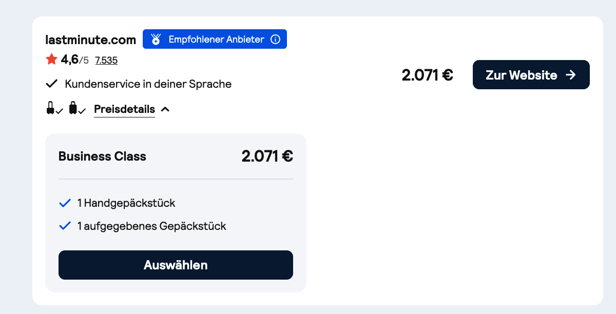 lastminute.com Preisbeleg: Etihad und Condor Business Class 2.071 Euro mit Handgepäck und einem aufgegebenen Gepäckstück