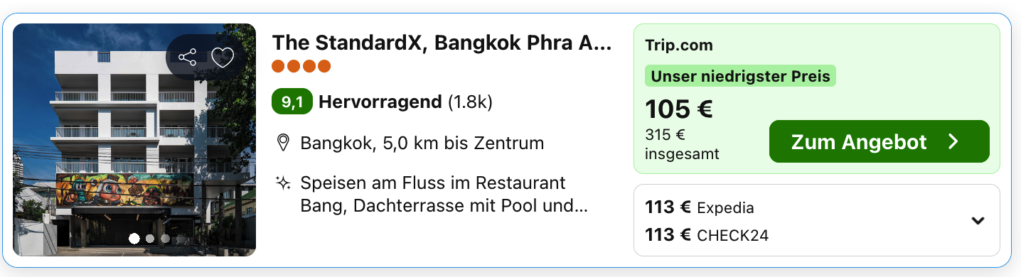 trivago Preisvergleich für The StandardX Bangkok Phra Arthit: Trip.com 105 Euro, 315 Euro insgesamt, Bewertung 9,1