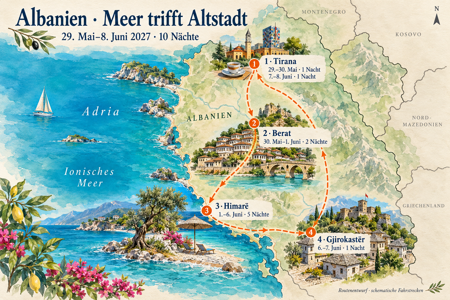 Illustrierte Albanienroute von Tirana über Berat und Himarë nach Gjirokastër