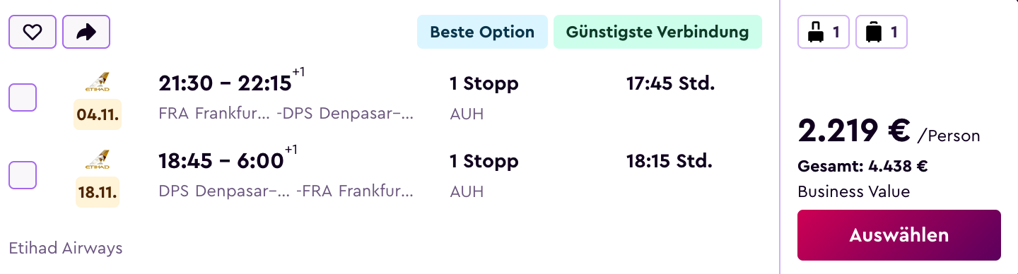 Preisübersicht Bali für 2.219 € pro Person / 4.438 € für zwei Personen