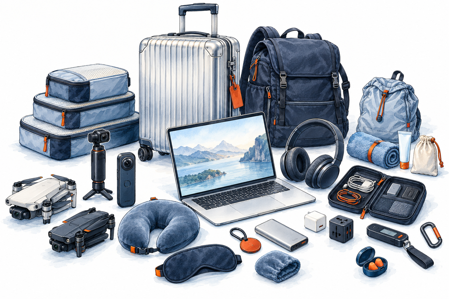 Illustrierte Reiseausrüstung mit Koffer, Rucksack, Laptop, Kameras und Reisehelfern