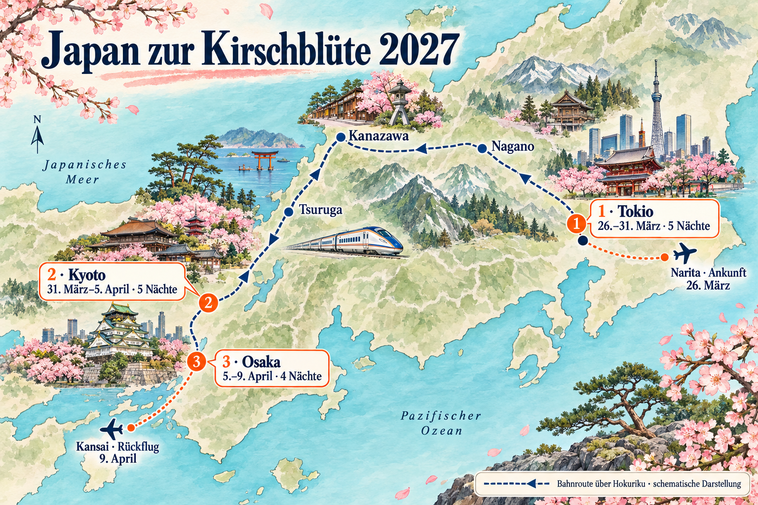 Illustrierte Japanroute: Tokio 26.–31. März, Kyoto 31. März–5. April und Osaka 5.–9. April, Bahnroute über Nagano, Kanazawa und Tsuruga.