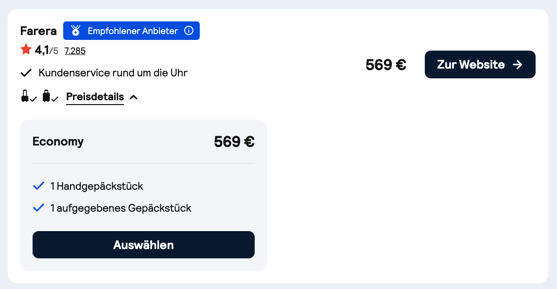 Farera-Flugangebot für 569 Euro pro Person inklusive einem Handgepäckstück und einem aufgegebenen Gepäckstück.