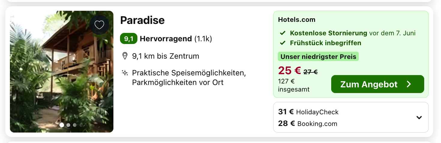 Paradise Hotel: recherchiertes Angebot für insgesamt 127 Euro mit Frühstück.
