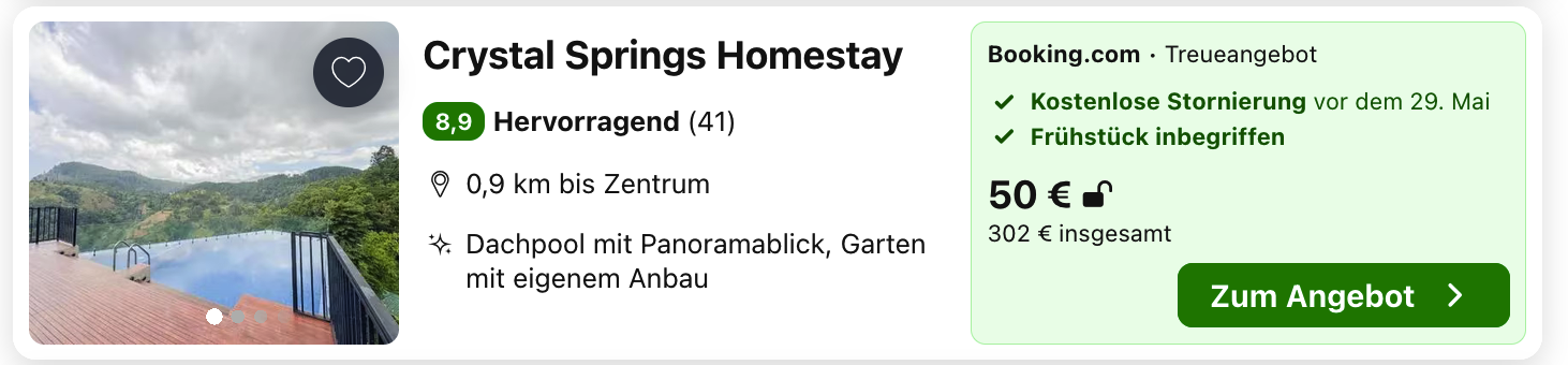 Crystal Springs Homestay: Booking.com-Treueangebot für insgesamt 302 Euro mit Frühstück.