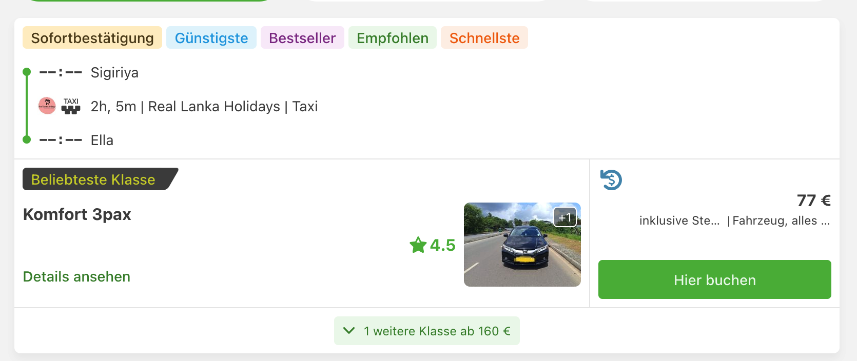 Taxiangebot Sigiriya nach Ella, Komfort 3pax, für 77 Euro je Fahrzeug.