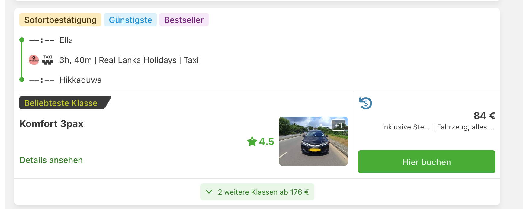 Taxiangebot Ella nach Hikkaduwa für 84 Euro je Fahrzeug.