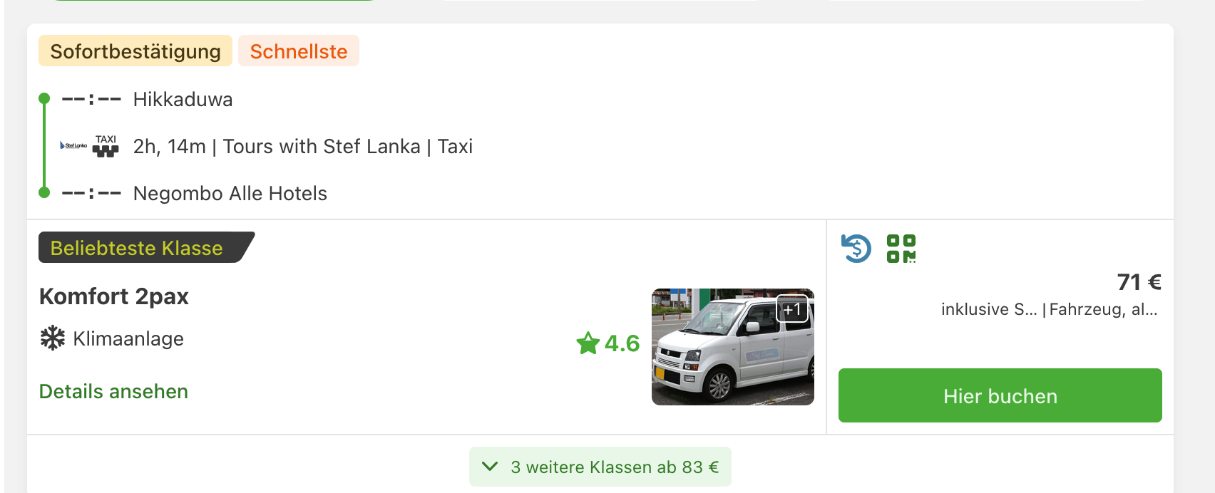 Taxiangebot Hikkaduwa nach Negombo Alle Hotels für 71 Euro je Fahrzeug.