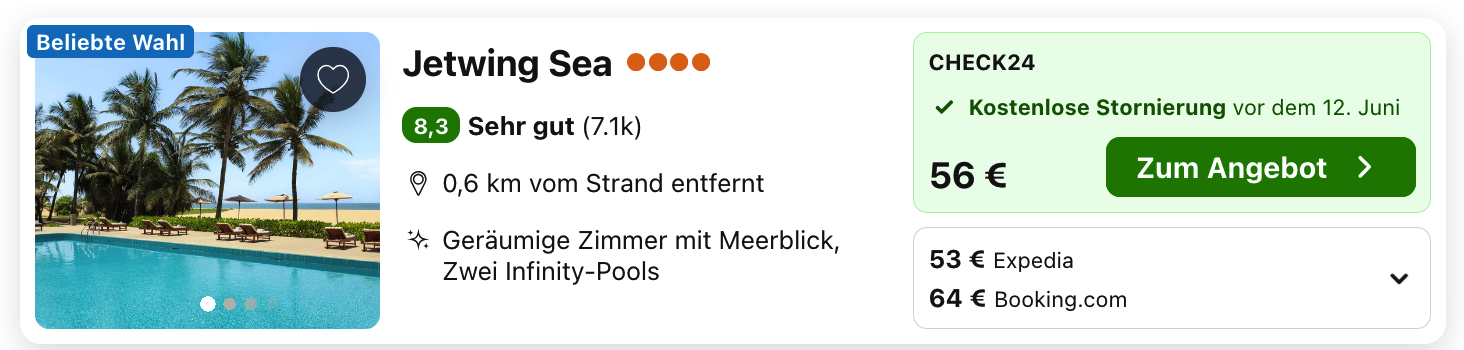 Jetwing Sea: CHECK24-Angebot für 56 Euro; Verpflegung nicht ausgewiesen.