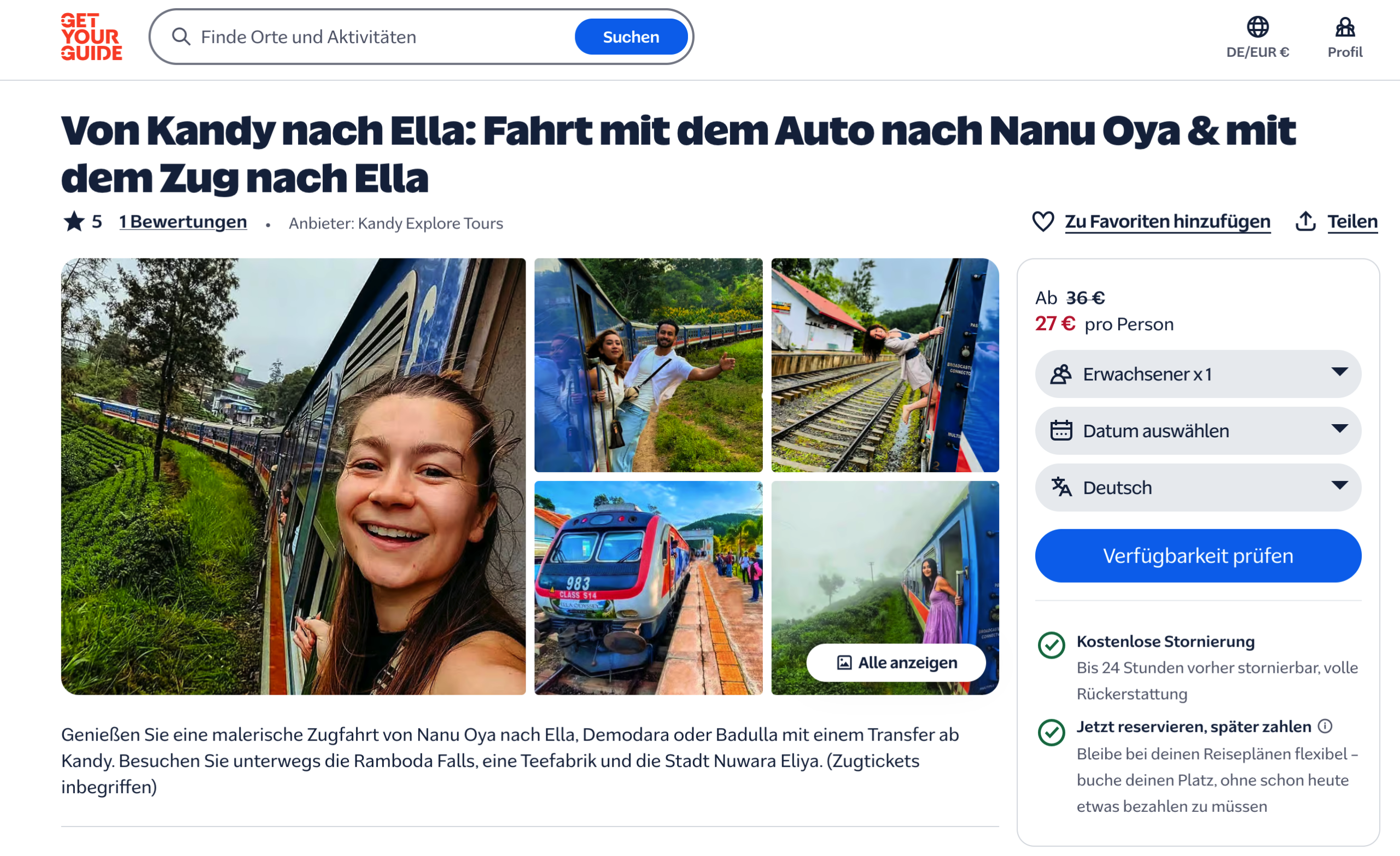 GetYourGuide-Angebot Kandy nach Nanu Oya mit Autofahrt und Zugfahrt nach Ella, angezeigter Preis 27 Euro pro Person.