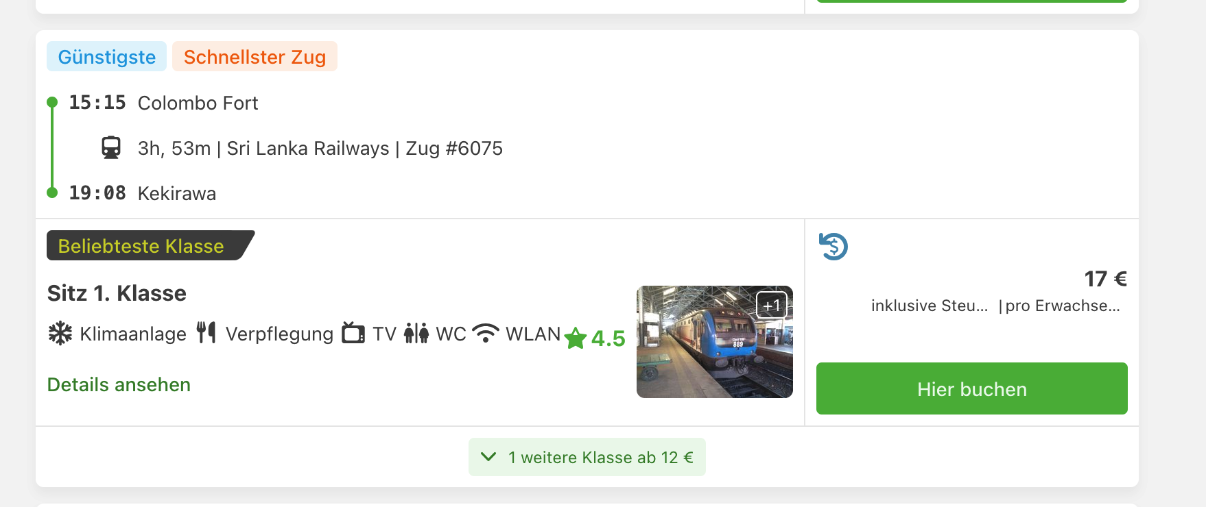 Sri Lanka Railways Zug 6075 von Colombo Fort um 15:15 Uhr nach Kekirawa um 19:08 Uhr, erste Klasse für 17 Euro pro Erwachsenen.